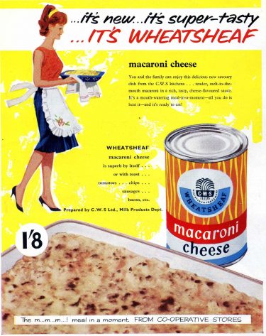 Advertisement from the 1950s for Wheatsheaf brand tinned “macaroni cheese.”