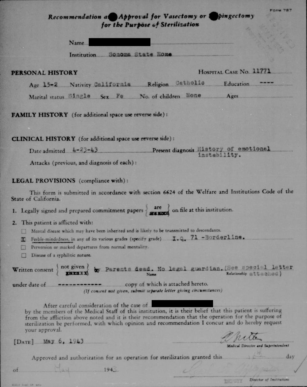 A sample sterilization form for a 15-year-old woman in California