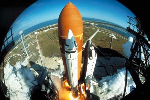 The January 1984 launch of space shuttle Discovery, as seen through a wide-angle IMAX camera.