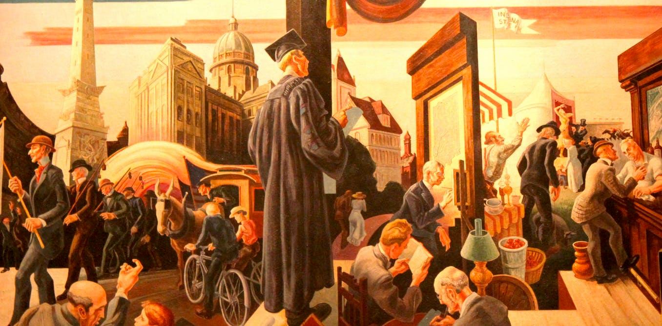 Thomas Hart Benton’s murals at the Indiana University Auditorium depict the social history of the state
