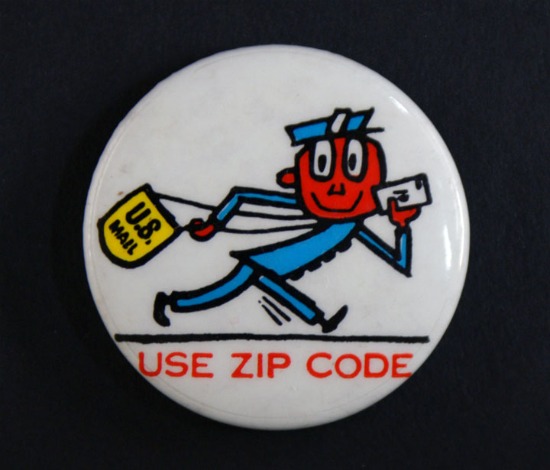 A Mr. Zip button, worn by postal workers as part of the ZIP Code campaign.