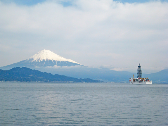 The drilling vessel Chikyu, pictured off the coast of Japan, will be used to drill down to the mantle.